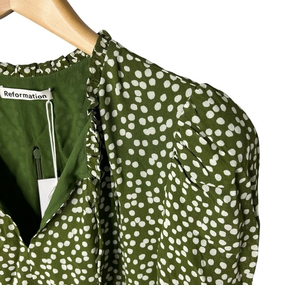 Reformation Marcy Dress Green Polka Dot Print Long Sleeve Size 10 Ruffle Trim - Picture 7 of 11